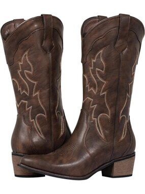 Women's Brown Snip Toe Cowgirl Boots Shoes Wide Calf Chunky Heel Western Boots